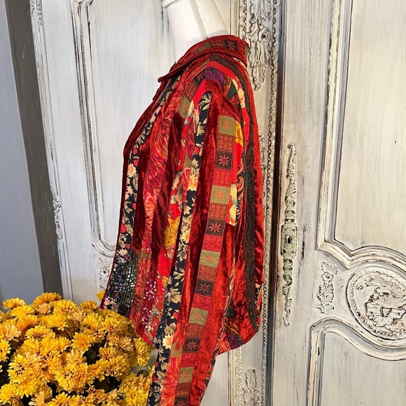 Coldwater Creek Vintage Red Velvet Floral Patchwork Jacket - Picture 7 of 11